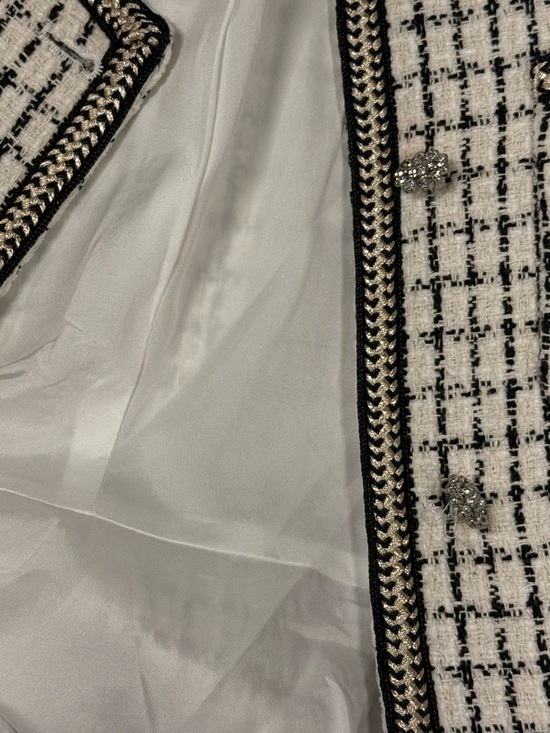 CeCe | Crew Neck Black & White Tweed Fit & Flare Dress Silver Button Down - Picture 12 of 15